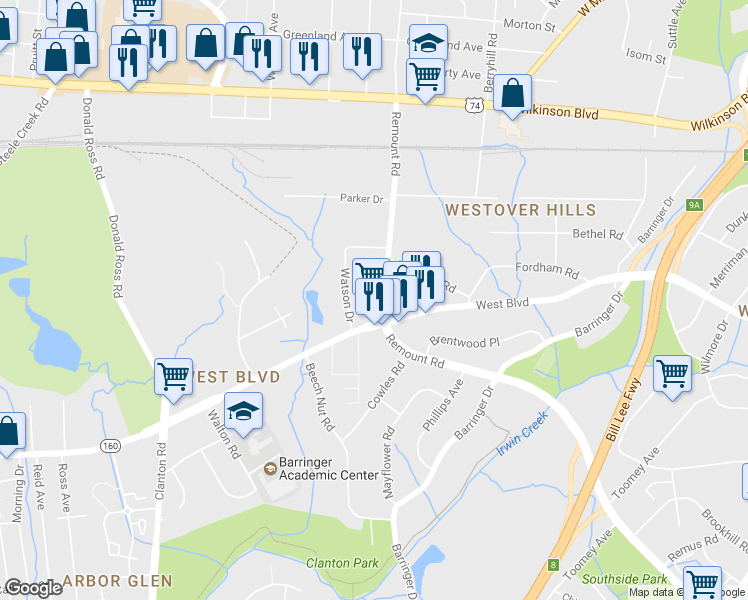 map of restaurants, bars, coffee shops, grocery stores, and more near 1621 Remount Road in Charlotte