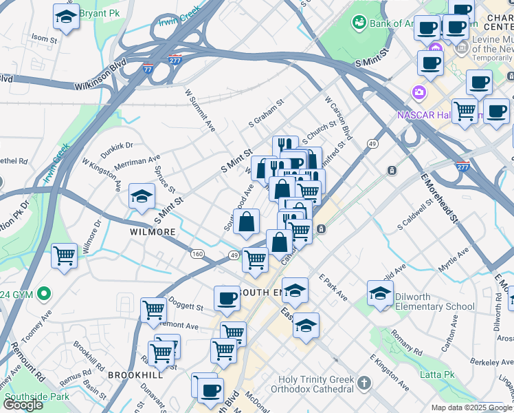 map of restaurants, bars, coffee shops, grocery stores, and more near 1547 South Church Street in Charlotte