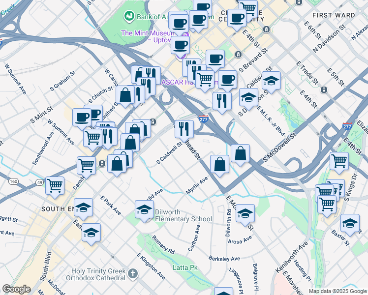 map of restaurants, bars, coffee shops, grocery stores, and more near in Charlotte