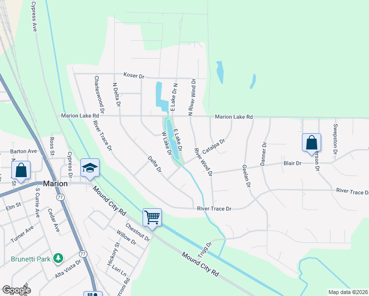 map of restaurants, bars, coffee shops, grocery stores, and more near 313 East Lake Drive in Marion