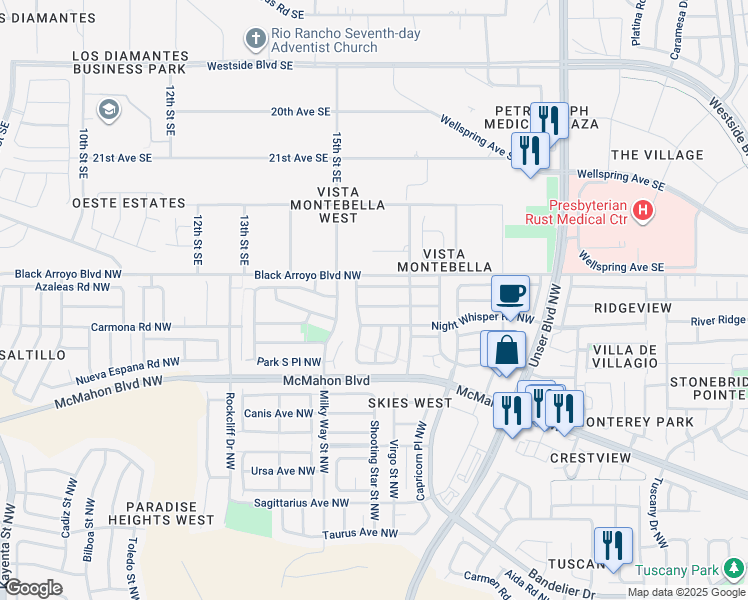 map of restaurants, bars, coffee shops, grocery stores, and more near 5939 Night Rose Avenue Northwest in Albuquerque