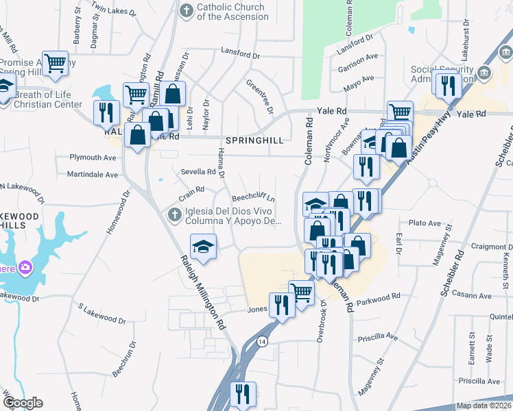 map of restaurants, bars, coffee shops, grocery stores, and more near 3347 Durford Wood Cove in Memphis