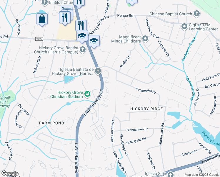 map of restaurants, bars, coffee shops, grocery stores, and more near 7663 Petrea Lane in Charlotte
