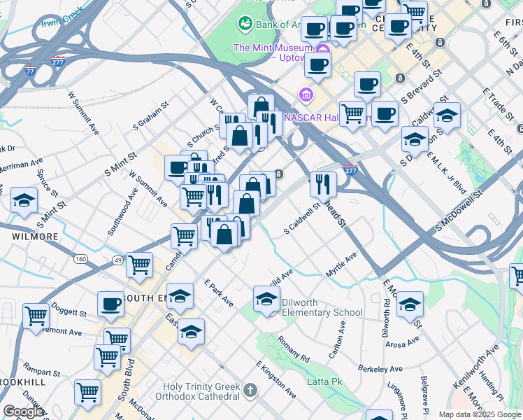map of restaurants, bars, coffee shops, grocery stores, and more near 1212 South Boulevard in Charlotte