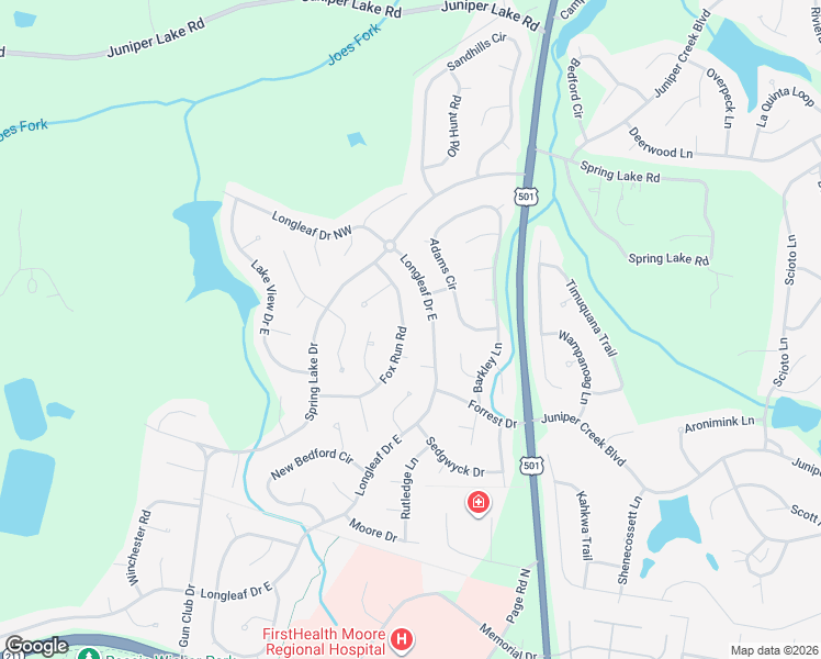 map of restaurants, bars, coffee shops, grocery stores, and more near 220 Fox Run Road in Pinehurst