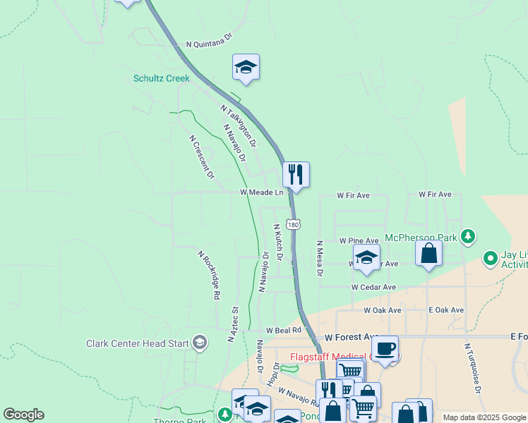 map of restaurants, bars, coffee shops, grocery stores, and more near 1730 North Navajo Drive in Flagstaff
