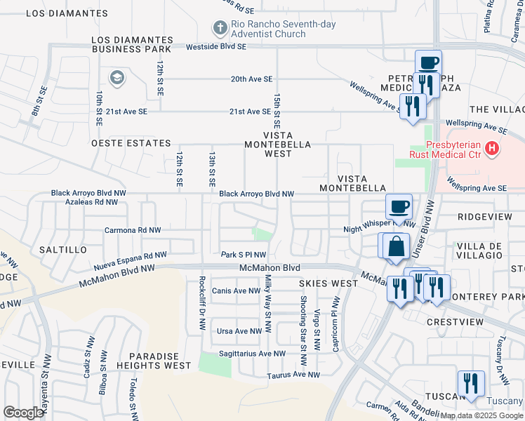 map of restaurants, bars, coffee shops, grocery stores, and more near 6104 Red Rock Park Avenue Northwest in Albuquerque