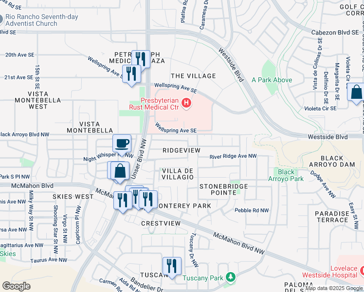 map of restaurants, bars, coffee shops, grocery stores, and more near 5409 Mesa Ridge Road Northwest in Albuquerque