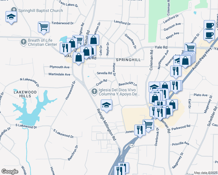 map of restaurants, bars, coffee shops, grocery stores, and more near 3347 Fairbanks Street in Memphis