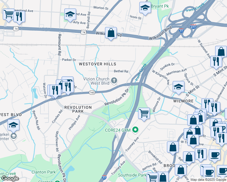 map of restaurants, bars, coffee shops, grocery stores, and more near 1145 West Boulevard in Charlotte