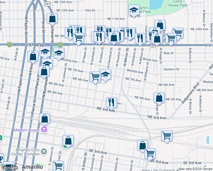 map of restaurants, bars, coffee shops, grocery stores, and more near 600 N Cleveland St in Amarillo