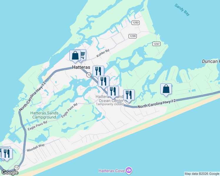 map of restaurants, bars, coffee shops, grocery stores, and more near 57428 North Carolina 12 in Hatteras