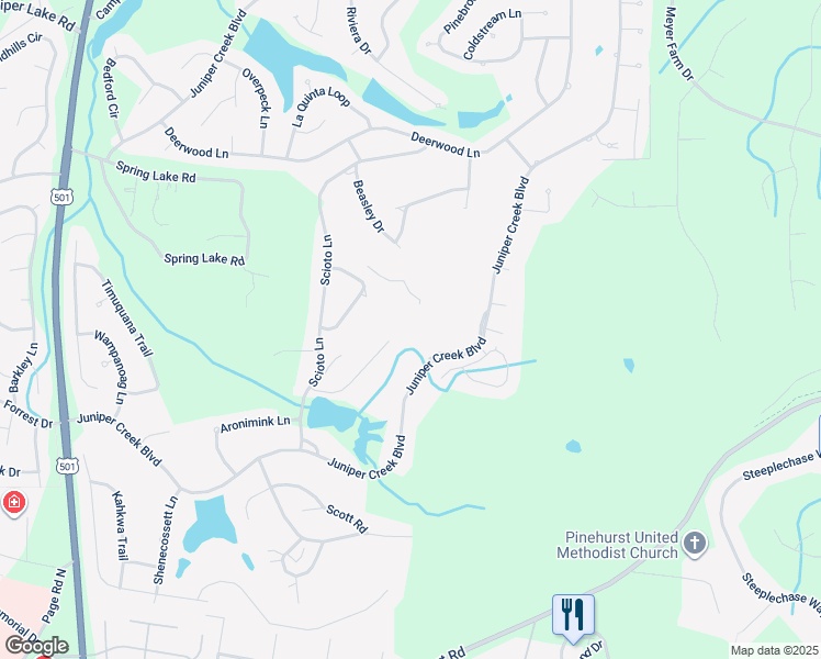 map of restaurants, bars, coffee shops, grocery stores, and more near 18 Squires Lane in Pinehurst