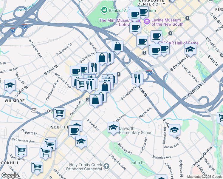 map of restaurants, bars, coffee shops, grocery stores, and more near 1212 South Boulevard in Charlotte