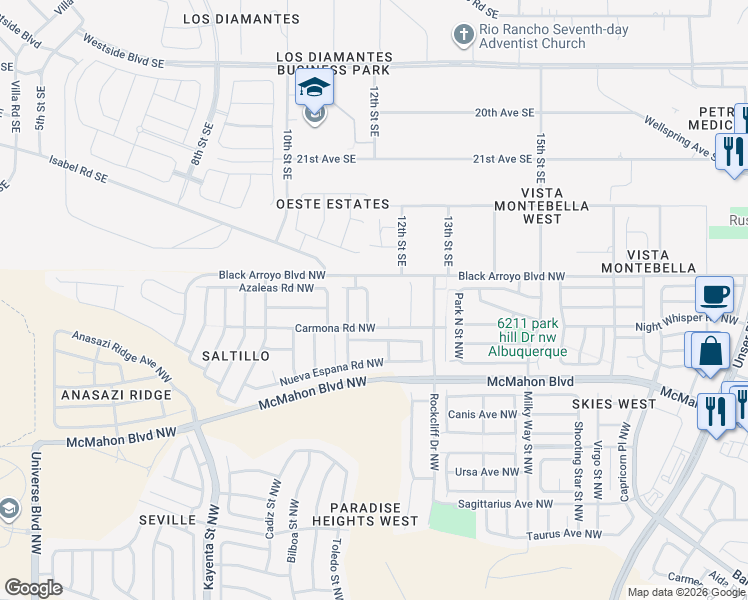map of restaurants, bars, coffee shops, grocery stores, and more near 11024 Escensia Street Northwest in Albuquerque