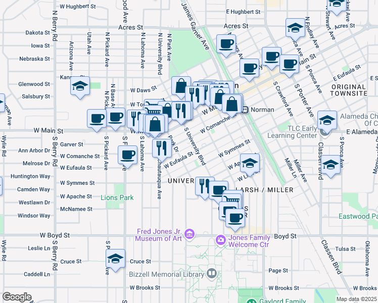 map of restaurants, bars, coffee shops, grocery stores, and more near 407 West Eufaula Street in Norman