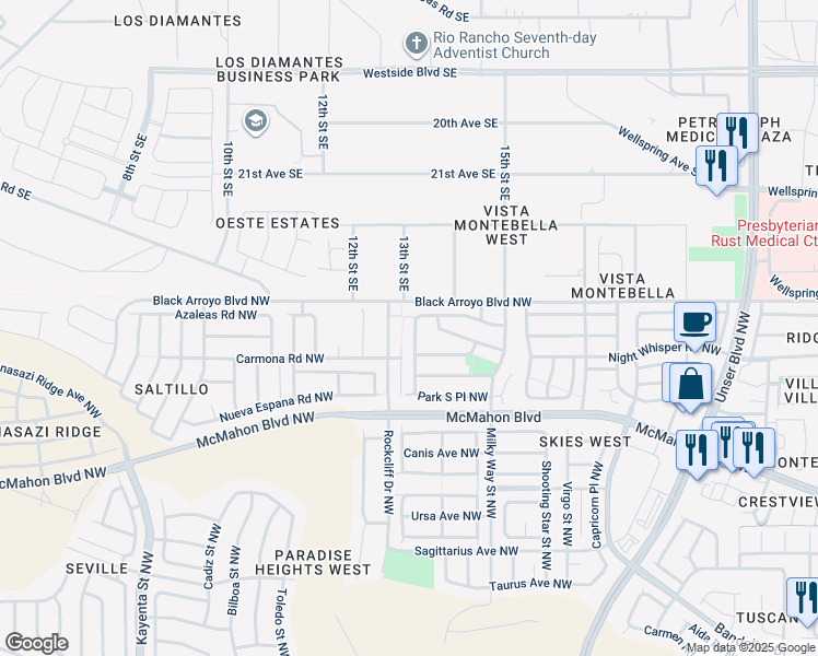 map of restaurants, bars, coffee shops, grocery stores, and more near 11023 Park North Street Northwest in Albuquerque