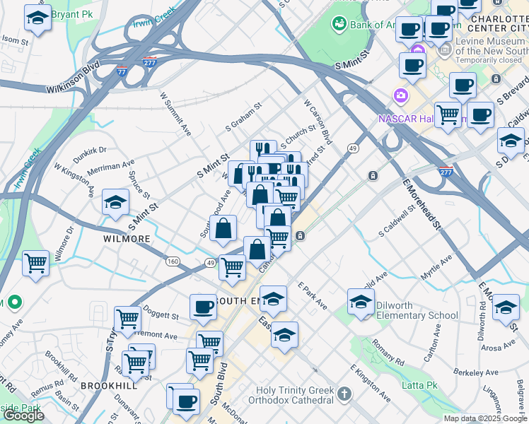 map of restaurants, bars, coffee shops, grocery stores, and more near 130 West Summit Avenue in Charlotte