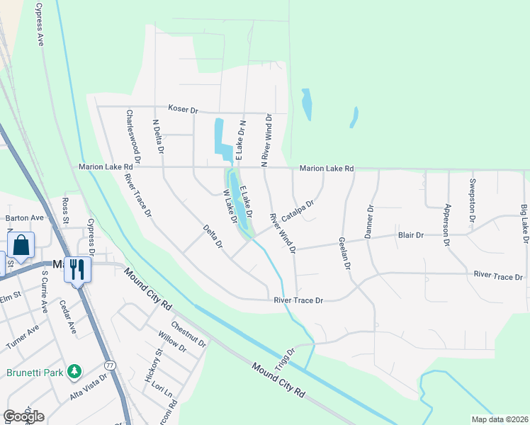 map of restaurants, bars, coffee shops, grocery stores, and more near 313 East Lake Drive in Marion