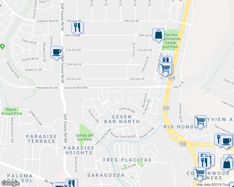 map of restaurants, bars, coffee shops, grocery stores, and more near 4212 Camelback Road Northwest in Albuquerque