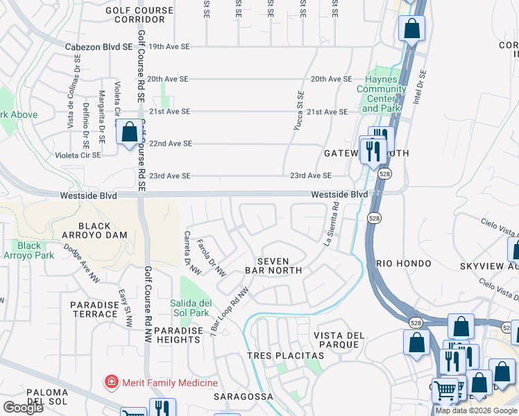 map of restaurants, bars, coffee shops, grocery stores, and more near 4212 Camelback Road Northwest in Albuquerque