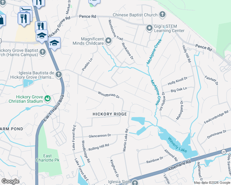 map of restaurants, bars, coffee shops, grocery stores, and more near 6229 Woodthrush Drive in Charlotte