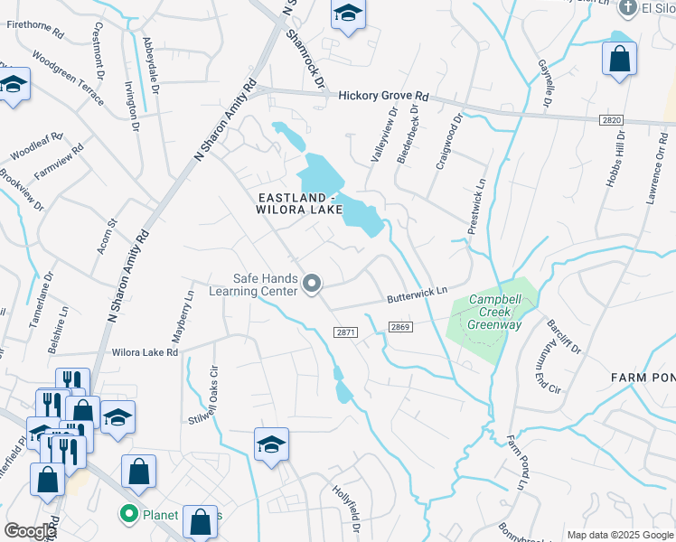 map of restaurants, bars, coffee shops, grocery stores, and more near 6016 Twickingham Court in Charlotte
