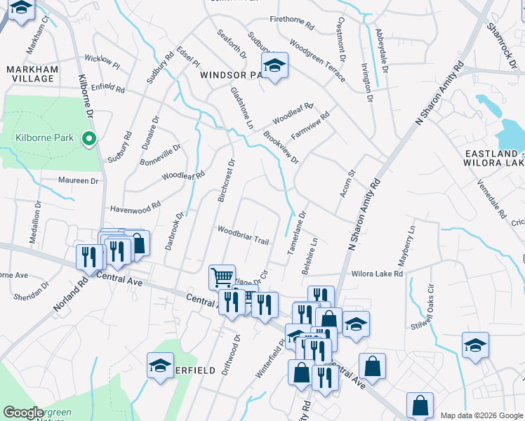 map of restaurants, bars, coffee shops, grocery stores, and more near 5224 Carriage Drive Circle in Charlotte