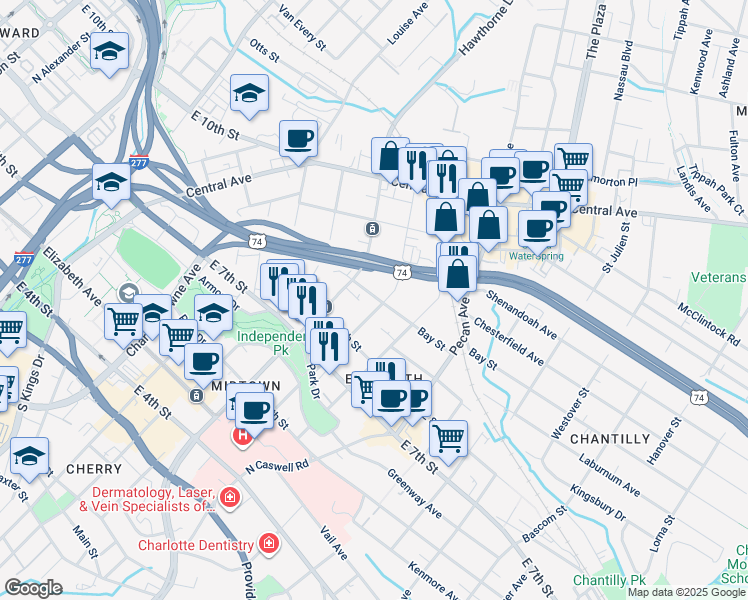 map of restaurants, bars, coffee shops, grocery stores, and more near 601 Lamar Avenue in Charlotte