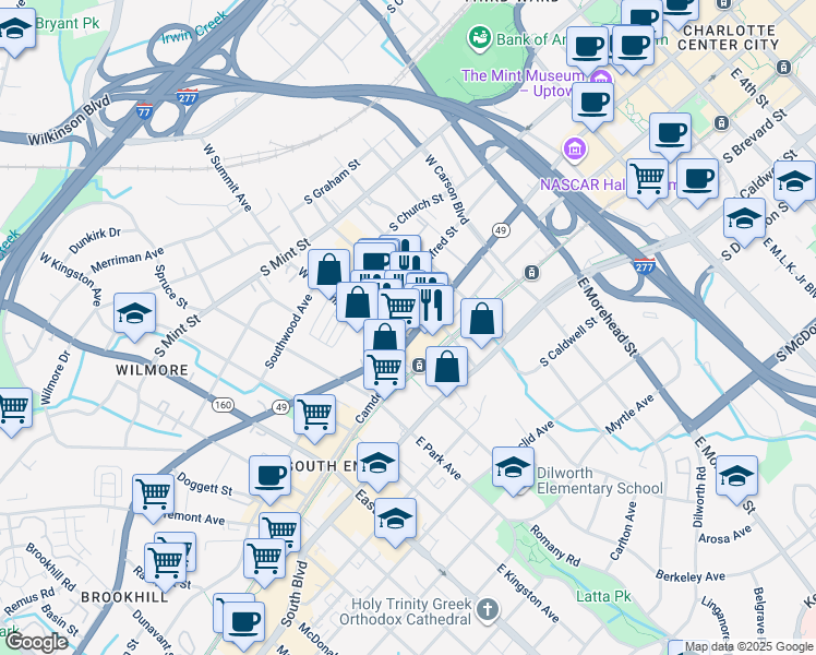map of restaurants, bars, coffee shops, grocery stores, and more near 1422 South Tryon Street in Charlotte