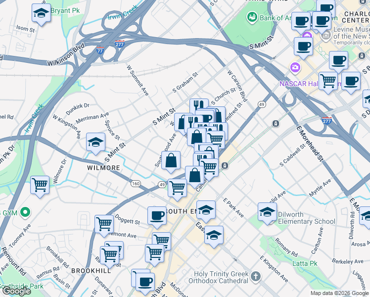 map of restaurants, bars, coffee shops, grocery stores, and more near in Charlotte