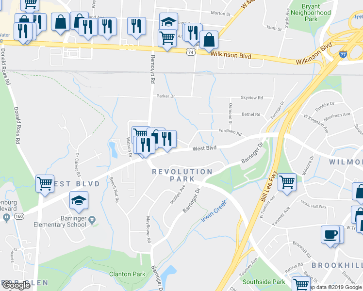 map of restaurants, bars, coffee shops, grocery stores, and more near 1338 West Boulevard in Charlotte