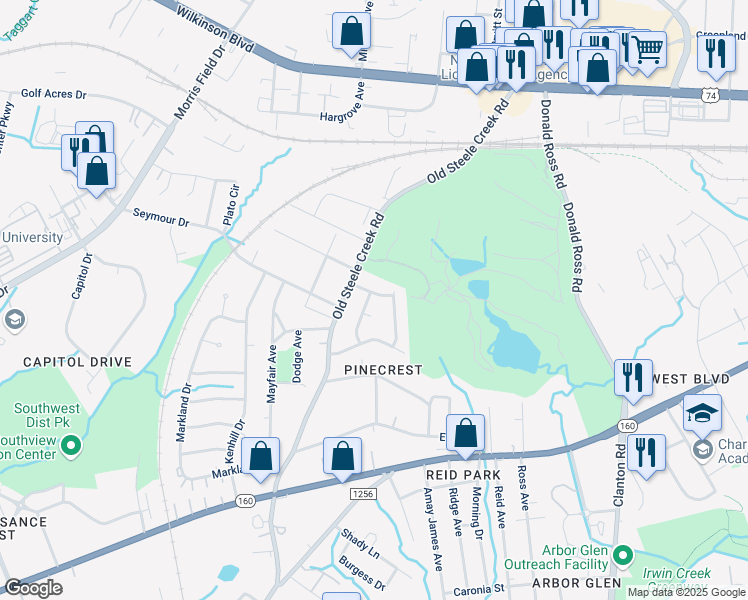 map of restaurants, bars, coffee shops, grocery stores, and more near 2401 Westgrove Drive in Charlotte