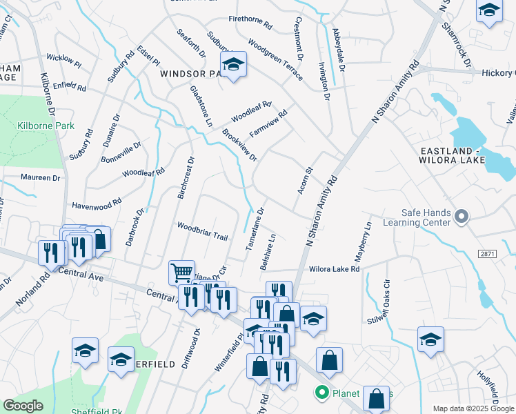 map of restaurants, bars, coffee shops, grocery stores, and more near 4117 Tamerlane Drive in Charlotte