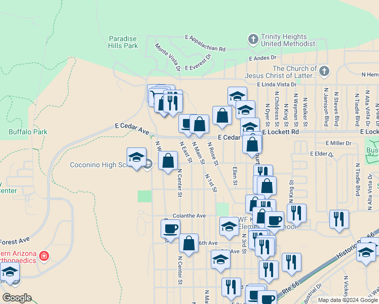map of restaurants, bars, coffee shops, grocery stores, and more near 2920 North East Street in Flagstaff