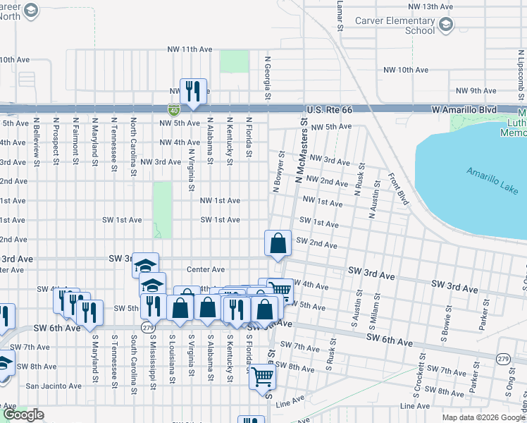 map of restaurants, bars, coffee shops, grocery stores, and more near 85 North Georgia Street in Amarillo
