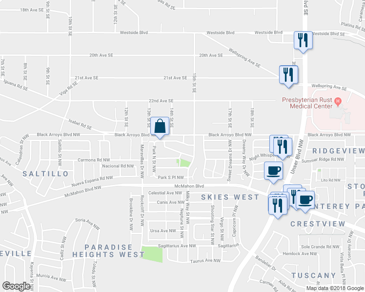map of restaurants, bars, coffee shops, grocery stores, and more near 6104 Red Rock Park Avenue Northwest in Albuquerque