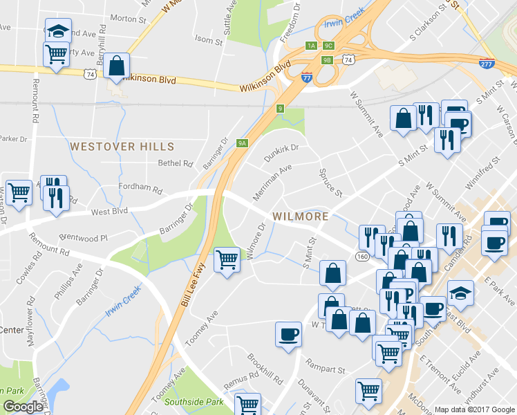 map of restaurants, bars, coffee shops, grocery stores, and more near 712 North Carolina 160 in Charlotte