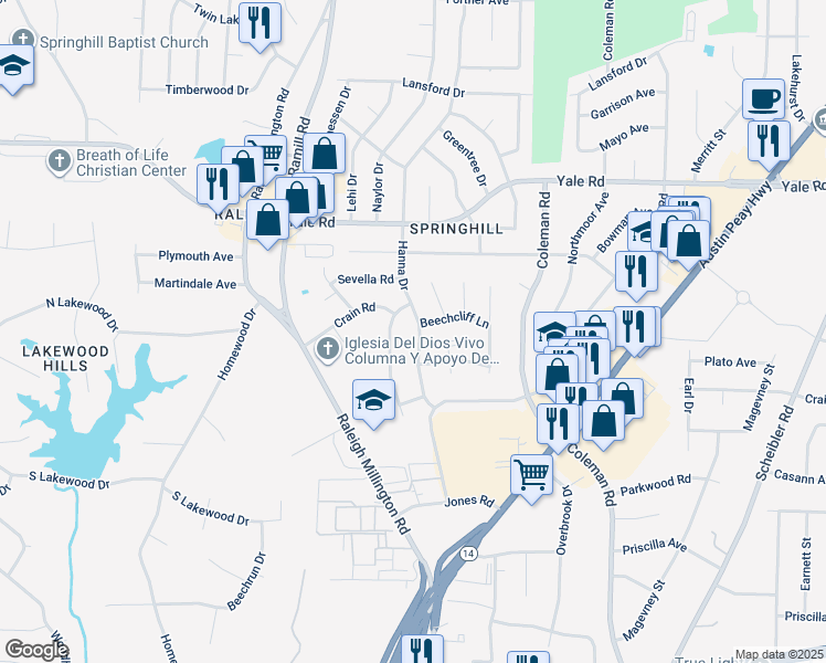 map of restaurants, bars, coffee shops, grocery stores, and more near 3347 Hanna Drive in Memphis