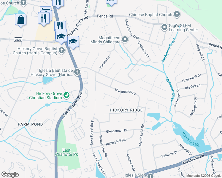 map of restaurants, bars, coffee shops, grocery stores, and more near 6106 Woodthrush Drive in Charlotte