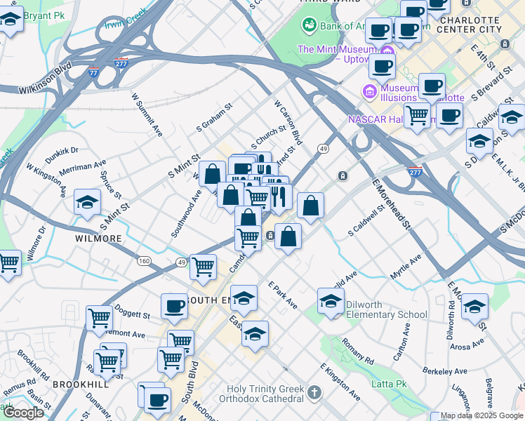 map of restaurants, bars, coffee shops, grocery stores, and more near 1422 South Tryon Street in Charlotte