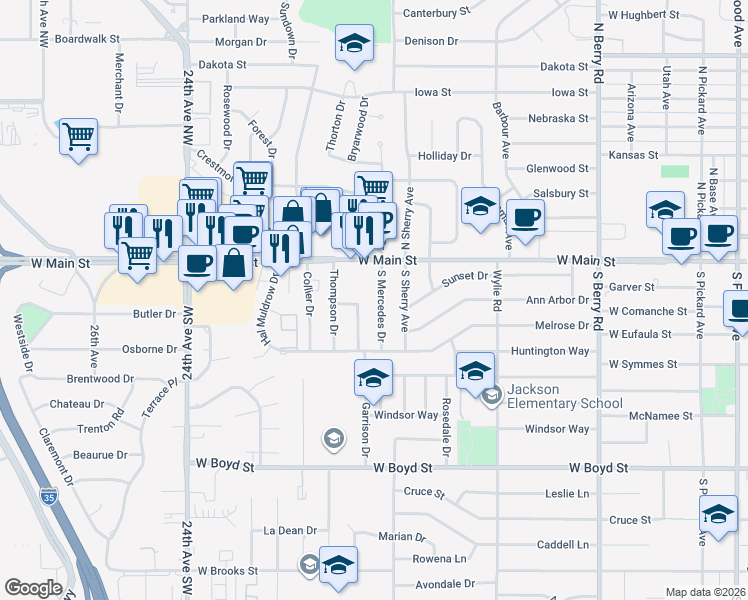 map of restaurants, bars, coffee shops, grocery stores, and more near 202 S Mercedes Dr in Norman