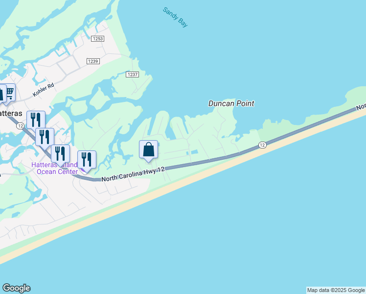 map of restaurants, bars, coffee shops, grocery stores, and more near 56195 Queen Street in Hatteras