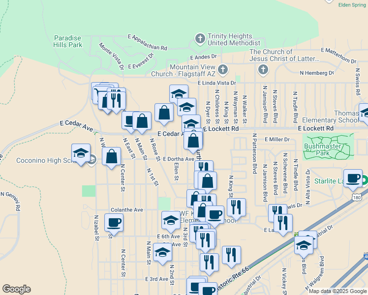 map of restaurants, bars, coffee shops, grocery stores, and more near 2929 North 3rd Street in Flagstaff