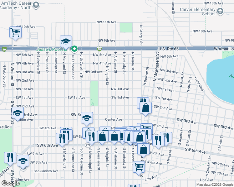 map of restaurants, bars, coffee shops, grocery stores, and more near 84 North Alabama Street in Amarillo