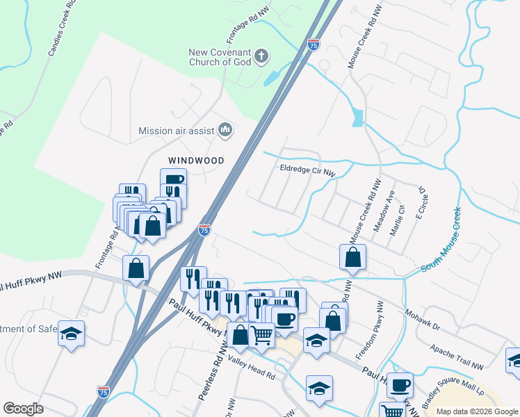 map of restaurants, bars, coffee shops, grocery stores, and more near 1163 Eldredge Drive Northwest in Cleveland