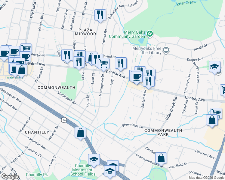 map of restaurants, bars, coffee shops, grocery stores, and more near 1408 Ivey Drive in Charlotte