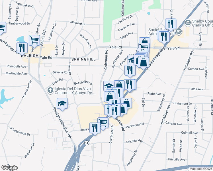 map of restaurants, bars, coffee shops, grocery stores, and more near 3350 Coleman Road in Memphis