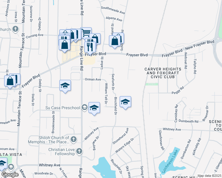 map of restaurants, bars, coffee shops, grocery stores, and more near 3347 Seaforth Drive in Memphis
