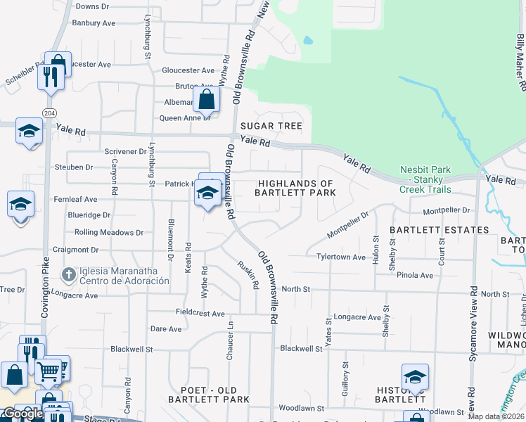 map of restaurants, bars, coffee shops, grocery stores, and more near 3355 Coachouse Cove in Bartlett